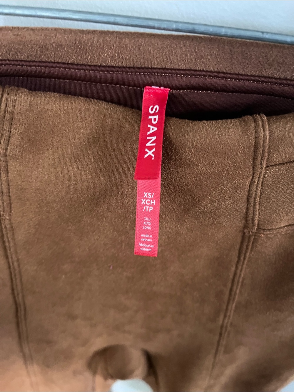 Spanx Faux Suede Leggings Cognac Brown High Rise Seamed XS Tall Skinny Pants - Picture 2 of 6